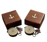 Maritime treasures Set of 2 Vintage Style Brass Pocket Compasses with Wooden Boxes and Chains Classic Nautical Compasses for Travel, Decor and Gifting