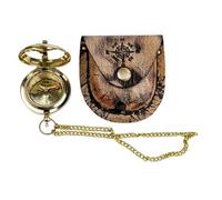 Maritime treasures Vintage Brass Pocket Compass with Chain & Leather Pouch Antique Style Nautical Compass
