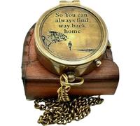 Maritime treasures Vintage Brass Pocket Compass with Engraved Inspirational Message Nautical Compass Gift with Chain and Wooden Box for Travel, Graduation