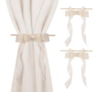 Maritown 2 Pieces Bow Curtain Tie Backs Decorative Farmhouse Curtain Holdbacks with Wooden Stick and Soft Cotton Rope Boho Style No Drill Tiebacks for Nursery Curtains Drape Accessories (Cream)