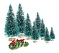 Maritown Christmas Tree, 8pcs Miniature Trees with 4pcs Small Christmas Wreaths, Decorative Xmas Tree Ornaments Christmas Crafts, Artificial Mini Christmas Trees with Wood Base for Tabletop Decor