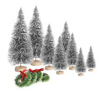 Maritown Christmas Tree, 8pcs Miniature Trees with 4pcs Small Christmas Wreaths, Decorative Xmas Tree Ornaments Christmas Crafts, Artificial Mini Christmas Trees with Wood Base for Tabletop Decor