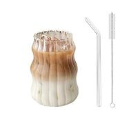 Maritown Iced Coffee Cup with Straw 18 oz Glass Clear Ripple Coffee Mug with Glass Straw and Straw Cleaner Brush Ribbed Glassware Smoothie Cup Water Glasses (C Clear - 530ml, 2)