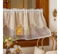 Maritown Lace Valances 1 Panel Semi Sheer Rod Pocket with Tassel Net Curtains Boho Kitchen Cafe Valance Swag for Windows (1, Beige, 140W x 60H cm)