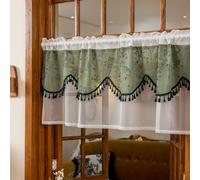 Maritown Lace Valances 1 Panel Semi Sheer Rod Pocket with Tassel Net Curtains Boho Kitchen Cafe Valance Swag for Windows (1, Green, 200W x 60H cm)