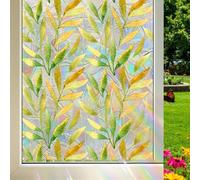 Maritown Privacy Window Film - Rainbow Stained Glass Design With Leaves Pattern, Self-Adhesive Static Cling Covering for Home, Living Room, Kitchen, Office