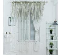 Maritown Voile Curtain, 2 Panels Green Embroidered Design Sheer Curtains, Decorative Semi Transparent Curtain Panel Drapes with 2 Curtain Tiebacks, Rod Style Window Treatment for Living Room Kitchen