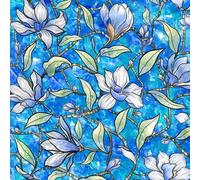 Maritown Window Privacy Film Stained Glass Window Film Rainbow Decorative Films with Blue Flower Pattern, Static Cling Window Coverings for Home Bathroom Bedroom Office Glass Door Windows