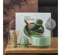 Marjoramy 5-Piece Matcha Set, Japanese Tea Ceremony Set, Ceramic Matcha Bowl with Spout, Bamboo Whisk, Bamboo Scoop, Handcrafted Whisk Holder, Traditional Tea Making Tools for Perfect Foam (A)