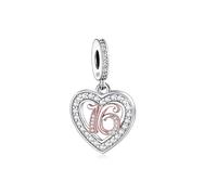 MARJS 16th 16 Sixteen Birthday Anniversary Rose Gold Love Heart Charm Bead Pendant 925 Sterling Silver Dangle Compatible With Pandora Charm Bracelet