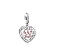 MARJS 21st 21 Twenty First Birthday Anniversary Rose Gold Love Heart Charm Bead Pendant 925 Sterling Silver Dangle Compatible With Pandora Charm Bracelet