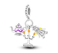 MARJS Beauty And The Beast Clock Teapot Candle Charm Bead Pendant 925 Sterling Silver Dangle Compatible With Pandora Charm Bracelet