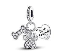MARJS Best Friend Loyal Dog Paw Puppy Bone Love Heart Memorial Charm Bead Pendant 925 Sterling Silver Dangle Compatible With Pandora Charm Bracelet