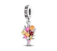 MARJS Carnation Bouquet Flowers Pin Red Rose I Love You Heart Charm Bead Pendant 925 Sterling Silver Dangle Compatible With Pandora Charm Bracelet