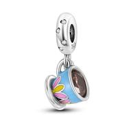 MARJS Coffee Drink Chef Cook Mug Cup Tea Flower Love Charm Bead Pendant 925 Sterling Silver Dangle Compatible With Pandora Charm Bracelet