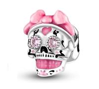 MARJS Day Of The Dead Pink Bow Girl Daughter Skull Love Heart Charm Bead Pendant 925 Sterling Silver Dangle Compatible With Pandora Charm Bracelet