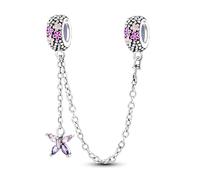 MARJS Flower Butterfly Pansy Pink Safety Chain Stopper Charm Bead Pendant 925 Sterling Silver Dangle Compatible With Pandora Charm Bracelet