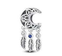 MARJS Flower Moon Crystal Feather Dreamcatcher Charm Bead Pendant 925 Sterling Silver Dangle Compatible With Pandora Charm Bracelet