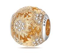 MARJS Gold Sunflower Sun Dragon Toothless Charm Gold Flower Pave Charm Bead Pendant, 925 Sterling Silver Dangle Charm, Compatible With Pandora & European Bracelet (Sunflower Charm)