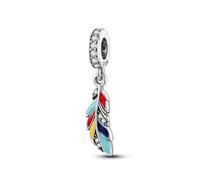 MARJS Good Luck Enamel Lucky Feather Spiritual Rainbow Charm Bead Pendant 925 Sterling Silver Dangle Compatible With Pandora Charm Bracelet