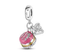 MARJS Happy Birthday Cake Charm Love Heart Gift Boy Girl Present Charm Crystal Bead Pendant, 925 Sterling Silver Dangle Charm, Compatible With Pandora & European Bracelet