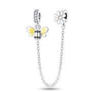 MARJS Honey Bee Daisy Flower Safety Chain Stopper Charm Bead Pendant 925 Sterling Silver Dangle Compatible With Pandora Charm Bracelet
