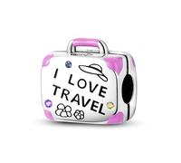 MARJS I Love Travel Holiday Suitcase Bag Heart Charm Bead Pendant 925 Sterling Silver Dangle Compatible With Pandora Charm Bracelet