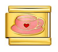 MARJS I Love You Heart Tea Coffee Mug Cup 18k Gold Silver Italian 9mm Link Stainless Steel Modular Compatible With Bracelet