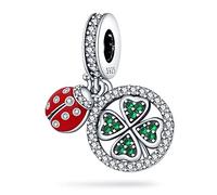 MARJS Ladybird Ladybug Four Leaf Lucky Luck Clover I Love You Heart Charm Bead Pendant 925 Sterling Silver Dangle Compatible With Pandora Charm Bracelet