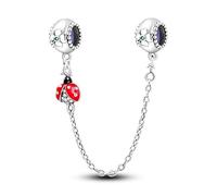 MARJS Ladybug Ladybird Lucky Four Leaf Clover Safety Chain Charm Bead Pendant 925 Sterling Silver Dangle Compatible With Pandora Charm Bracelet