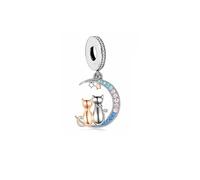 MARJS Mother Daughter Rose Gold Moon Star Cat Kitten Charm Bead Pendant 925 Sterling Silver Dangle Compatible With Pandora Charm Bracelet