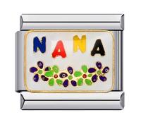 MARJS Nana Nan Flowers Silver Italian 9mm Link Stainless Steel Modular Compatible With Bracelet