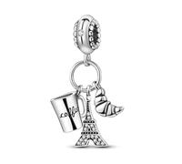MARJS Paris France Charm Eiffel Tower Crossant Coffee Breakfast Charm Crystal Bead Pendant, 925 Sterling Silver Dangle Charm, Compatible With Pandora & European Bracelet