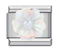 MARJS Pearl Camellia White Flower Charm Silver Italian 9mm Link Stainless Steel Charm Compatible With Bracelet