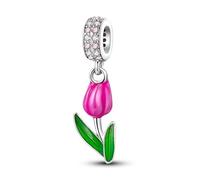 MARJS Pink Tulip Flower Rose Mother Daughter Charm Bead Pendant 925 Sterling Silver Dangle Compatible With Pandora Charm Bracelet