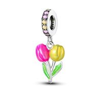 MARJS Pink Yellow Tulip Flower I Love You Mother Daughter Charm Bead Pendant 925 Sterling Silver Dangle Compatible With Pandora Charm Bracelet