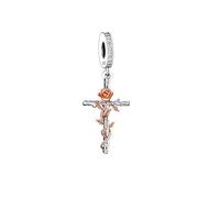 MARJS Rose Gold Flower Crucifix Cross Jesus Faith Love Charm Bead Pendant 925 Sterling Silver Dangle Compatible With Pandora Charm Bracelet