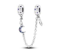 MARJS Star Moon Cat Kitten Hanging Safety Chain Charm Bead Pendant 925 Sterling Silver Dangle Compatible With Pandora Charm Bracelet