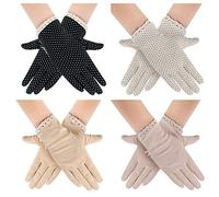 MarJunSep 4 Pairs Summer Women Dots Sun Uv Protection Gloves Cotton Lace Anti-skid Driving Gloves, Black Camel Pink Beige, Medium