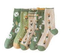 MarJunSep Cute Floral Crew Socks for Women Teen Girls Flower Cottagecore Frilly Vintage Fancy Cotton Socks, 5 Pairs F Pack, Medium