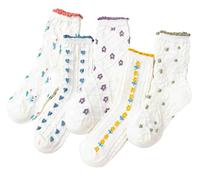 MarJunSep Cute Floral Crew Socks for Women Teen Girls Flower Cottagecore Frilly Vintage Fancy Cotton Socks, 5 Pairs B Pack, Medium