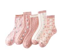 MarJunSep Cute Floral Crew Socks for Women Teen Girls Flower Cottagecore Frilly Vintage Fancy Cotton Socks, 5 Pairs H Pack, Medium
