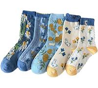 MarJunSep Cute Floral Crew Socks for Women Teen Girls Flower Cottagecore Frilly Vintage Fancy Cotton Socks, 5 Pairs E Pack, Medium