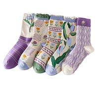 MarJunSep Cute Floral Crew Socks for Women Teen Girls Flower Cottagecore Frilly Vintage Fancy Cotton Socks, 5 Pairs D Pack, Medium