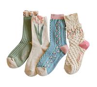 MarJunSep Cute Floral Crew Socks for Women Teen Girls Flower Cottagecore Frilly Vintage Fancy Cotton Socks, 4 Pairs a Pack, Medium