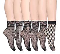 MarJunSep Lace Ankle Socks for Women Cute Elegent Sheer Mesh Fishnet Thin Nylon Crew Socks Sexy Fashion, Set of 6 Pairs Black, One size