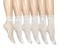 MarJunSep Lace Ankle Socks for Women Teen Girls Cute Elegent Mesh Fishnet Ankle Crew Socks Sexy Fashion, Set of 6 Pairs White, One size