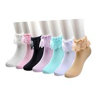 MarJunSep Women Girls Lace Ruffle Frilly Ankle Crew Socks Cotton Knit Vintage 50s 7 Pairs