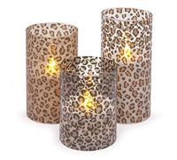 Mark Feldstein & Associates Wild Leopard Animal Print Flameless LED Glass Pillar Candles, Set of 3, 6 Inch