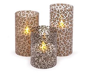Mark Feldstein & Associates Wild Leopard Animal Print Flameless LED Glass Pillar Candles, Set of 3, 6 Inch